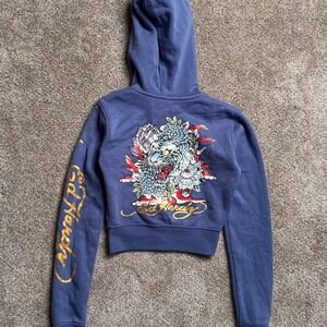 PALE BLUE ED HARDY "SIGNATURE LOGO" CROPPED ZIP UP HOODIE